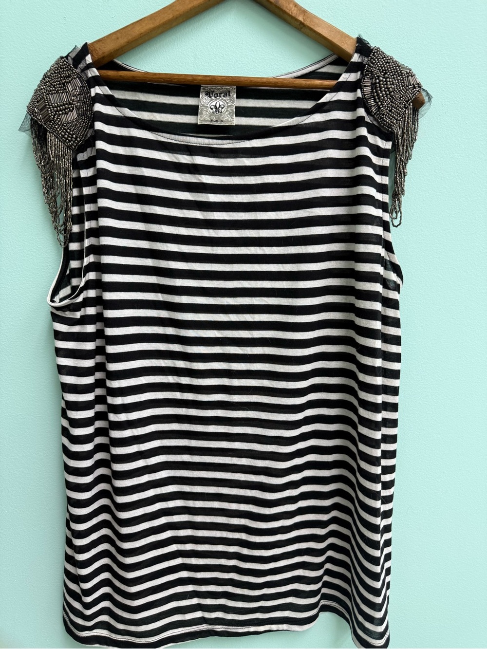 Vocal Black and White Striped Short Sleeve Tee with Beaded Fringe Shoulders